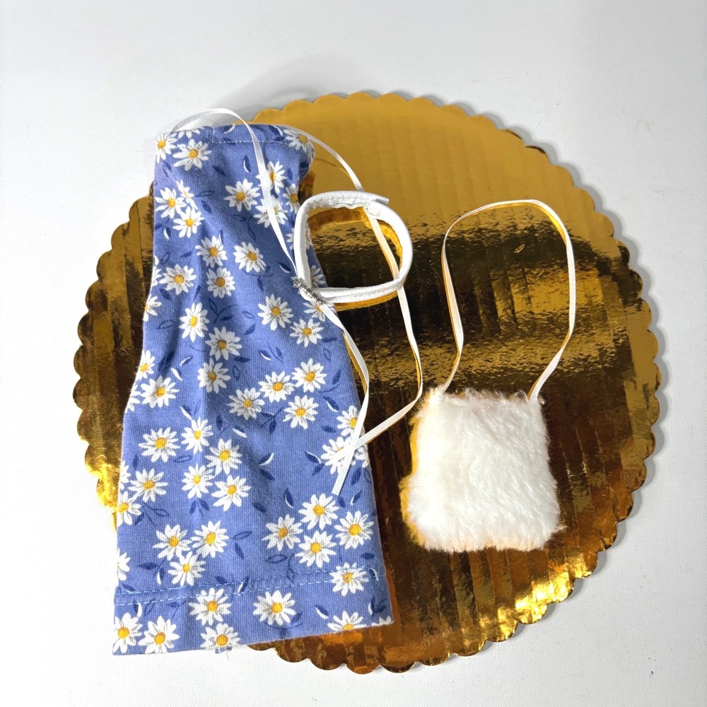 Handmade 14 in Doll Clothes Set Blue Daisy Dress Faux Fur Purse Headband 3pc